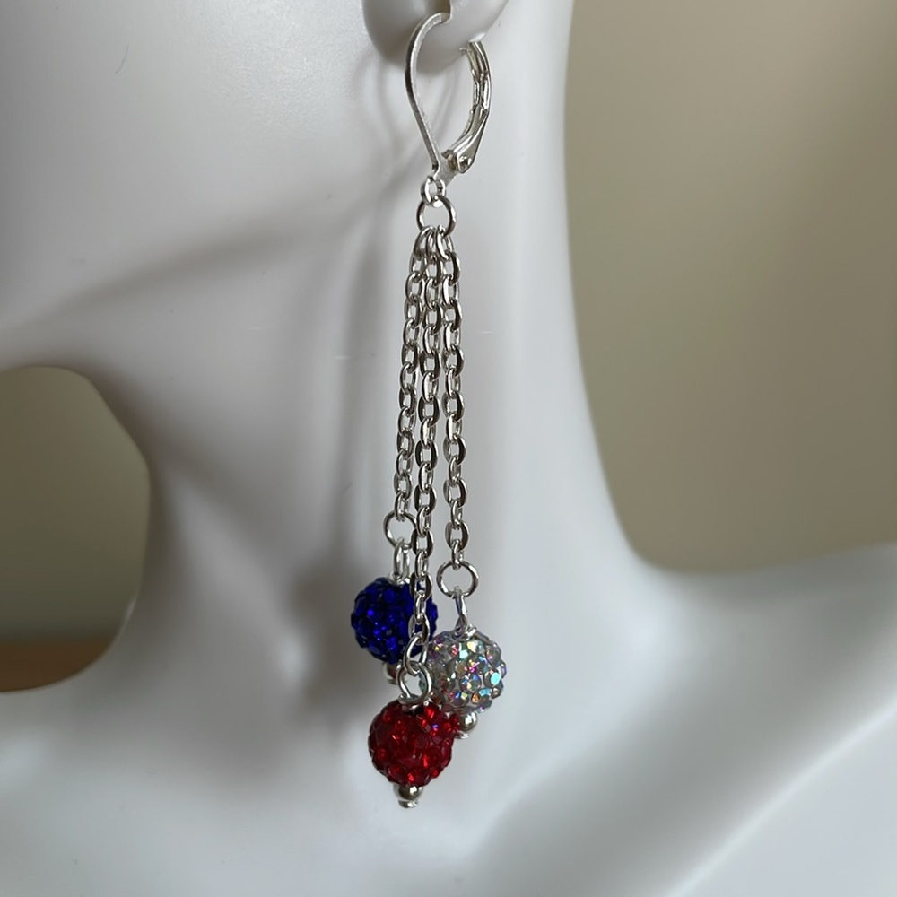 HAND CRAFTED DAZZLING PATRIOT DANGLE EARRINGS Crystal Disco Balls Red Blue Clear